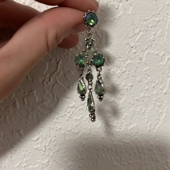 NWOT | Gorgeous Long Dangle Earrings | Blue & Green Iridescent Gems - Picture 4 of 4